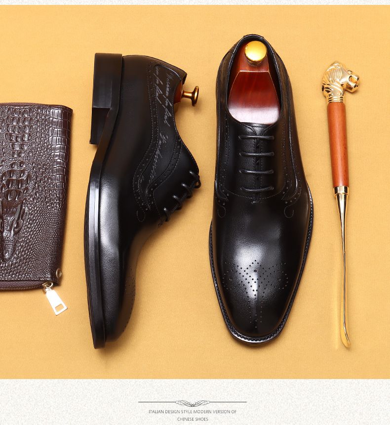 Ανδρικά δερμάτινα παπούτσια από γνήσιο δέρμα, ευρωπαϊκά και αμερικανικά, χειροποίητα βουρτσισμένα ανδρικά παπούτσια Oxford, για επίσημα επαγγελματικά ρούχα, μυτερά σκαλιστά μπρογκ_voghion.com