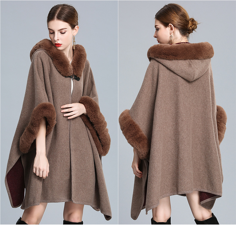 Women's imitation Rex rabbit collar hooded shawl cape large size woolen coat loose cardigan_voghion.com