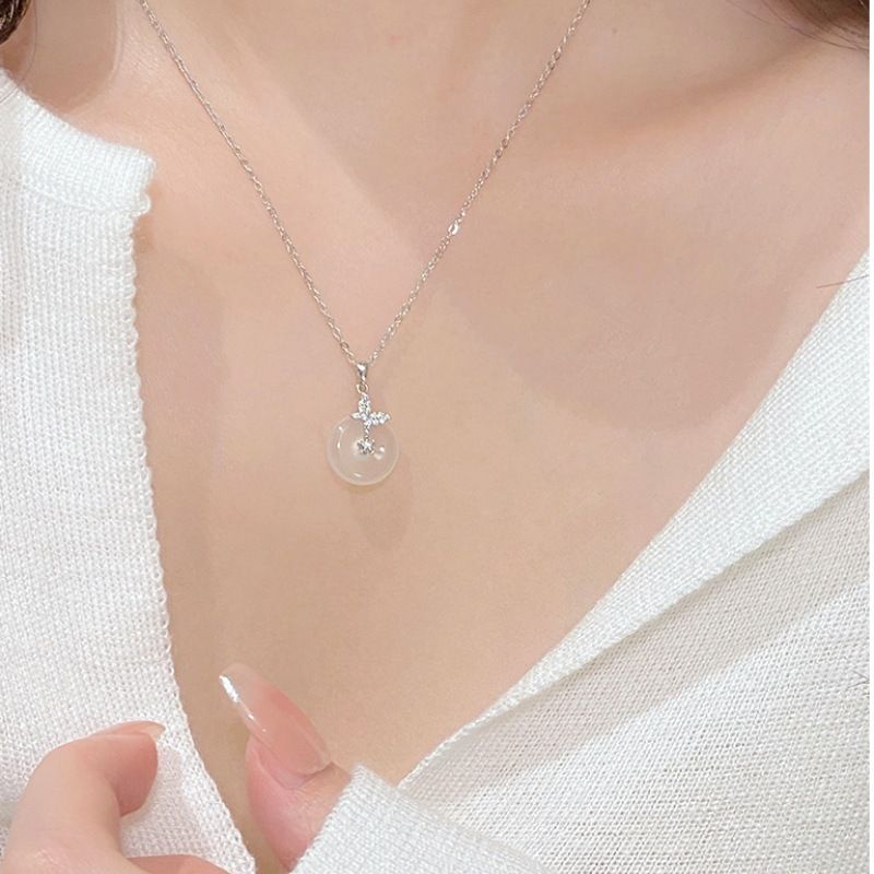 Exquisite And Versatile White Jade Pendant S Pure Silver Butterfly Safety Buckle Necklace Women, Light Luxury Niche Gift_voghion.com