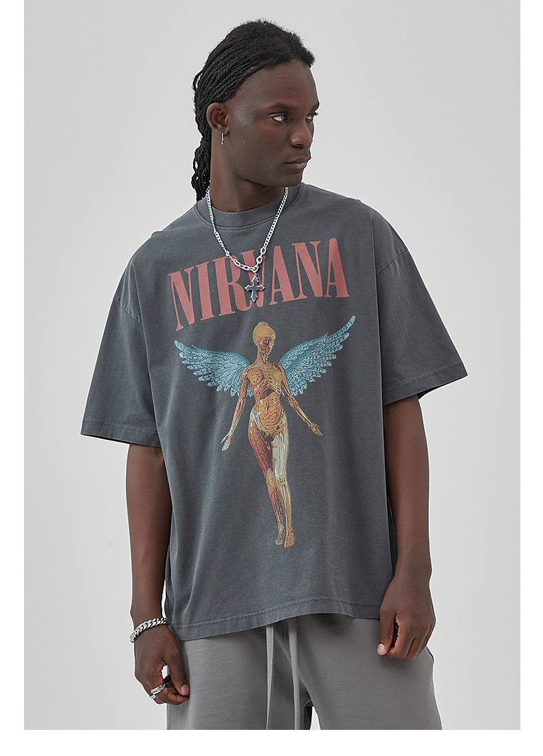 Vêtements pour hommes | T-shirt à manches courtes imprimé vieux groupe de Rock délavé, marque tendance, High Street, nouvelle collection 2024_voghion.com