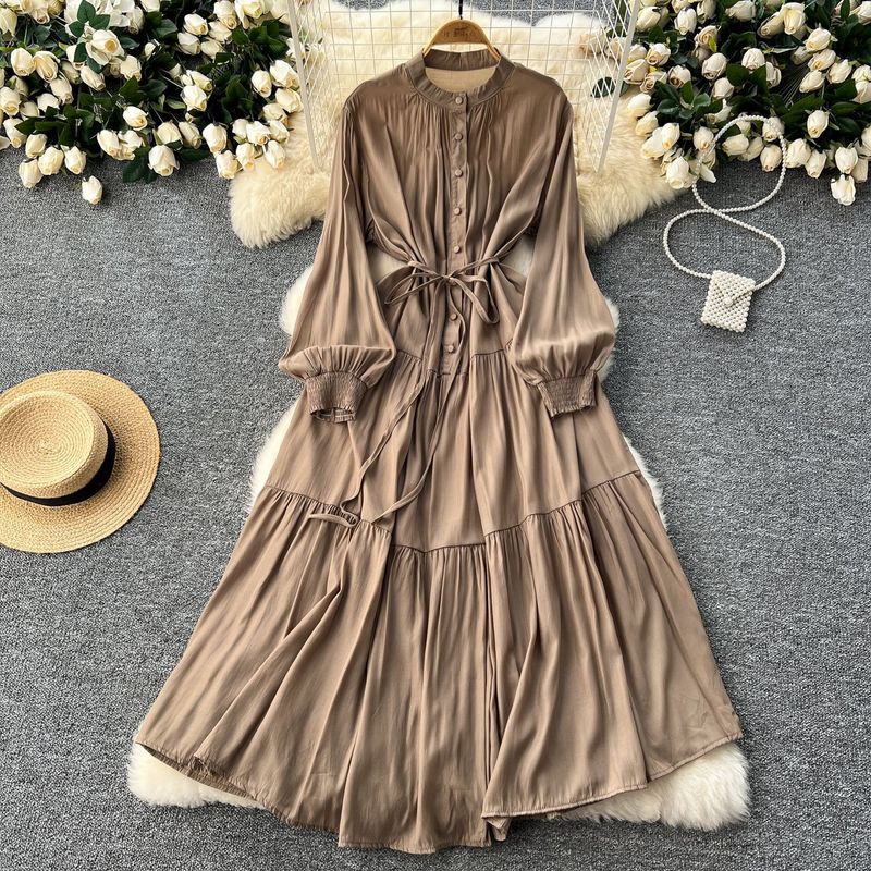Elegant Dress Female Design Single Breasted Loose Waist Straps Slim Temperament Knee Length Skirt_voghion.com