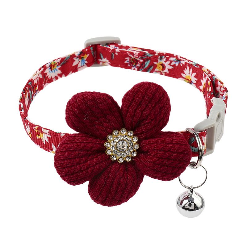 Collare per animali domestici con fiori e strass, ciondolo a forma di campanella staccabile, accessorio a forma di papillon per gatti, anello regolabile per il collo_voghion.com