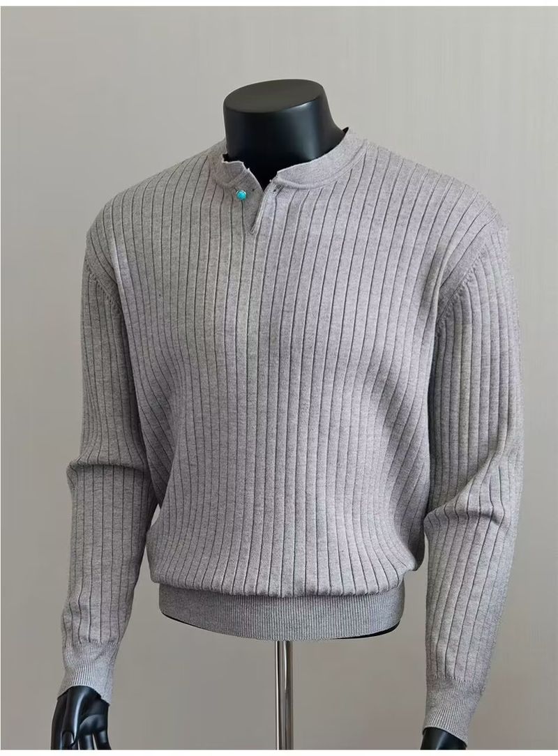 Maglione lavorato a maglia Henley turchese da uomo - Pullover a maniche lunghe testurizzato dalla vestibilità comoda per autunno e inverno, top casual traspirante e caldo_voghion.com