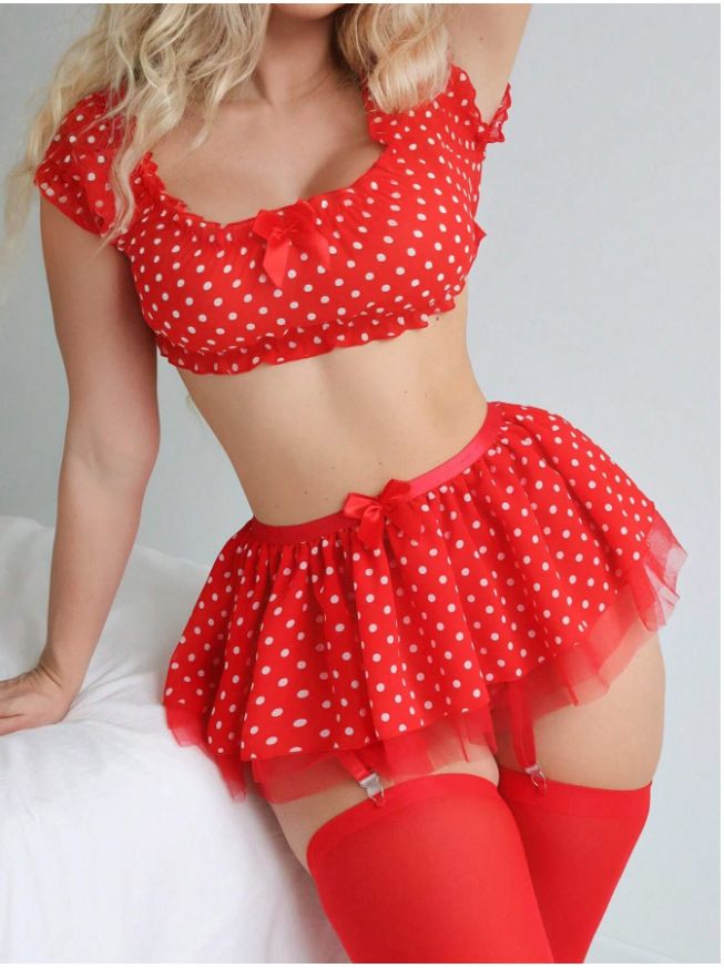 New Sexy Two-Piece Off-Shoulder Short Dress Polka Dot Mesh Lingerie Set_voghion.com