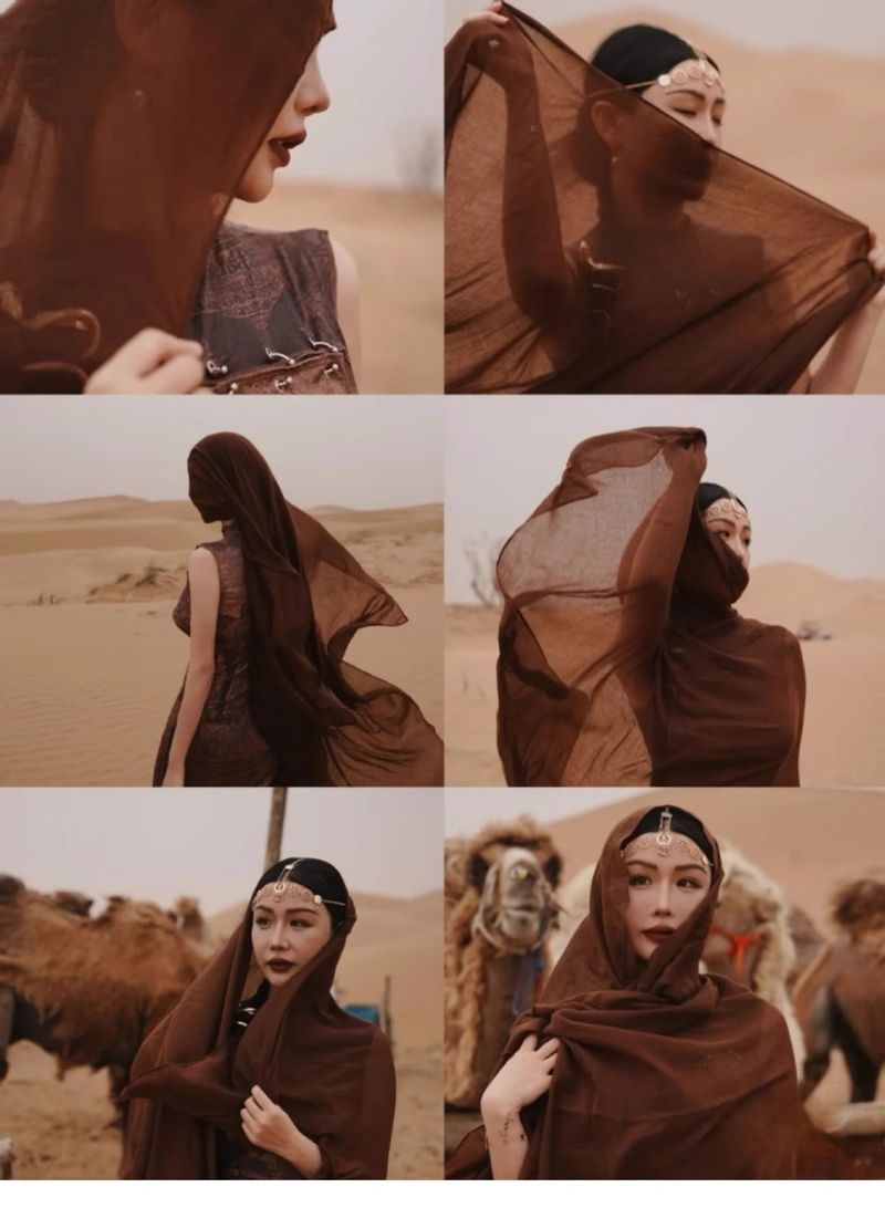 Sciarpa di seta e cotone e lino color caffè esotico, scialle del deserto egiziano, sciarpa fotografica, asciugamano da spiaggia versatile e sottile con protezione solare._voghion.com