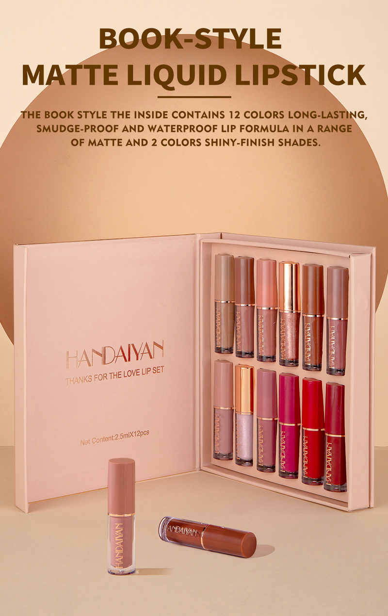 HANDAIYAN 12 - Color Pearlescent Shimmer Lip Gloss Set - Waterproof, Non - Sticky, Matte Finish_voghion.com