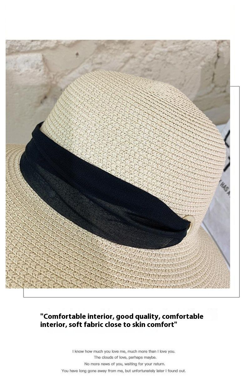 Neuer Strohhut im Hepburn-Stil mit großer Krempe und langem französischem Band, faltbarer Sonnenschutz, Gesichtsbedeckung, Urlaubsstrand, Sonnenhut für Touristen_voghion.com