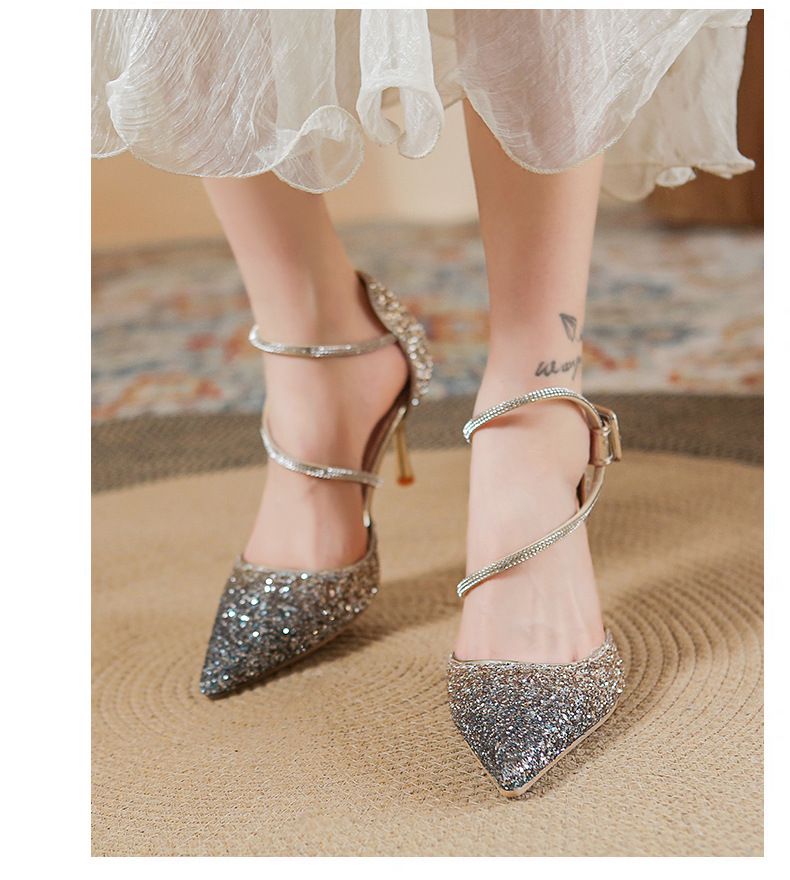 French Girl Gradient High Heels 2025 New Sequined Crystal Wedding Shoes, Internet Famous Slim Heel Pointed Versatile_voghion.com