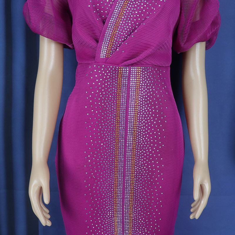 Damenbekleidung Damenkleid Mesh Hot Diamond Puffärmel elastischer V-Ausschnitt Mode langer Rock_voghion.com