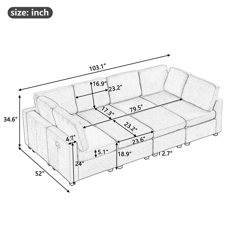 103" Sectional Sofa Couch Sofa Bed U-shaped Sofa With Two Movable Ottoman And Three USB Ports For Living Room_voghion.com