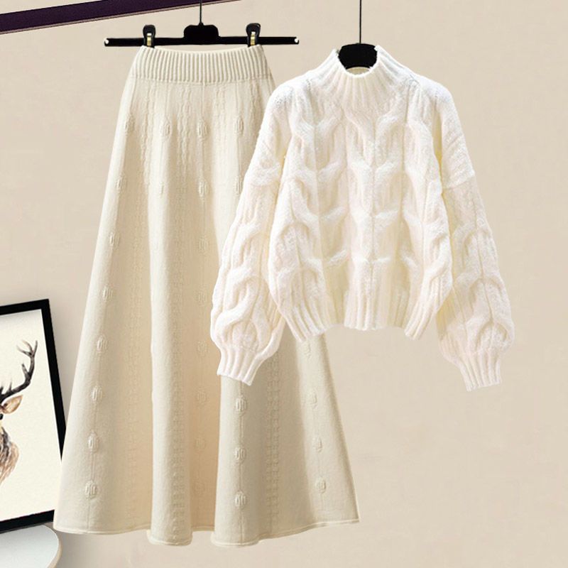 Autumn Winter Outfit Women's Full 2025 New Niche Knitted Sweater Slimming Loose Midi Skirt Two-Piece Set_voghion.com