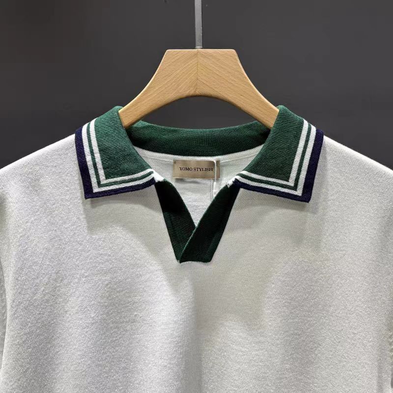 Herrenbekleidung Gestricktes Poloshirt mit V-Ausschnitt, farblich abgestimmt, leicht, reif, Retro, Sommer, kurzärmelig, hübsch, lässig, Herren-T-Shirt, neue Oberteile_voghion.com