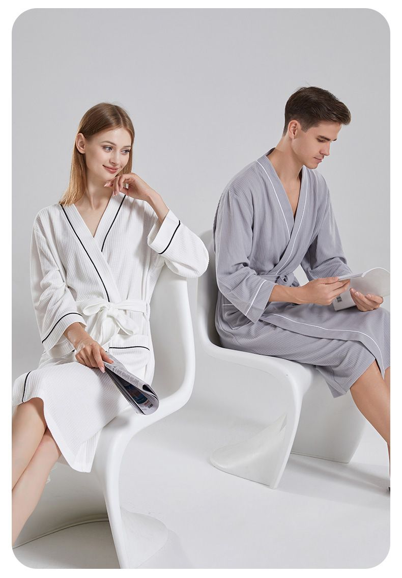 Bata de baño ultrasuave con tejido gofrado para mujer y hombre: bata de spa ligera de manga larga, de secado rápido, cómoda y para estar en casa._voghion.com