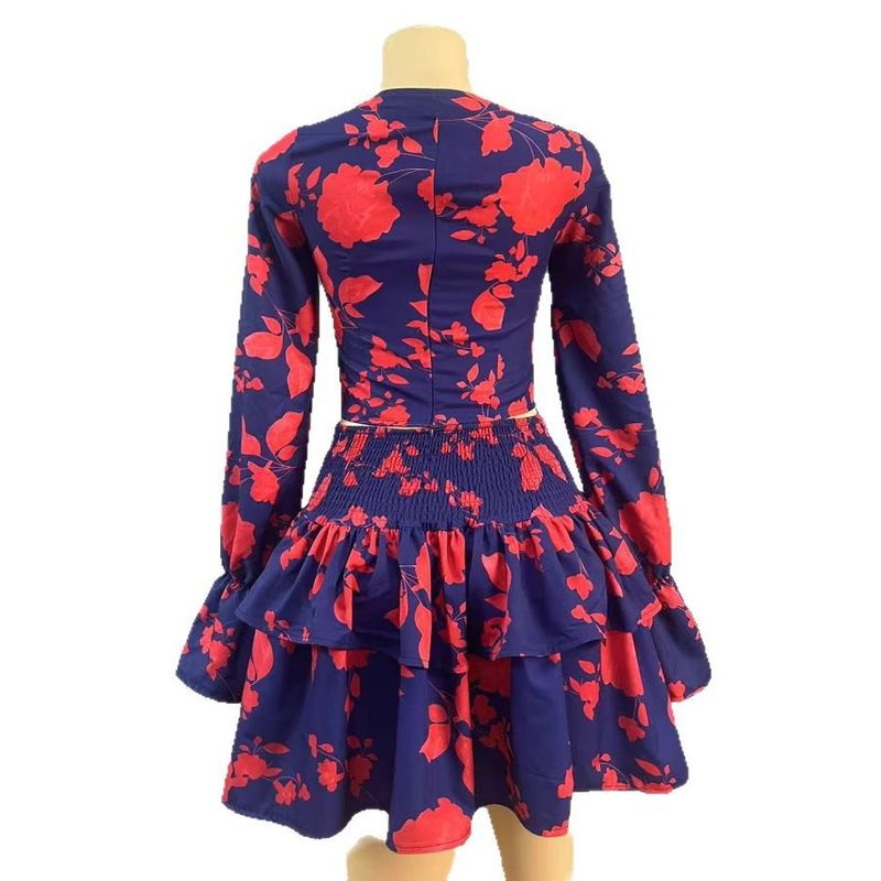 Neues, bedrucktes Langarm-Oberteil + kurzer Rock mit Taillenbund, zweiteiliges Set_voghion.com