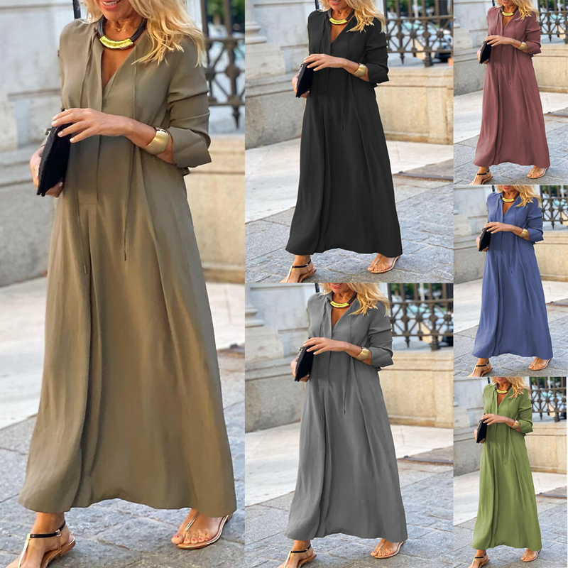 2022 Nuovo stile grande swing tinta unita colletto rovesciato manica semplice casual abito camicia lunga_voghion.com
