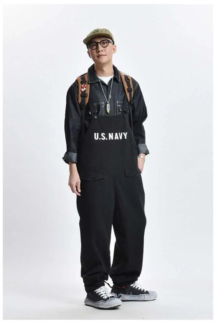 Men's Denim Pants American Retro Overalls Jumpsuit Men Fashion Letter Printing Solid Pockets Mens Loose Jeans T221102_voghion.com