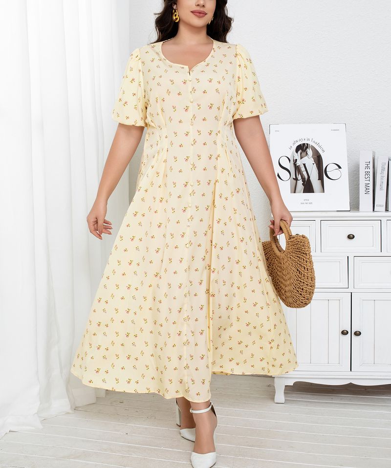 Wickelkleid mit Blumenmuster für Damen, V-Ausschnitt, Midi-Teekleid mit Knopfdetail, atmungsaktives Polyester, Übergröße 0XL-4XL (Gelb)_voghion.com