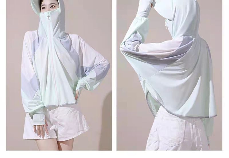 Farbblockjacke für Damen, dünner Sommermantel aus Eisseide mit Kapuze, hochwertige Sonnenschutzkleidung in Übergröße_voghion.com