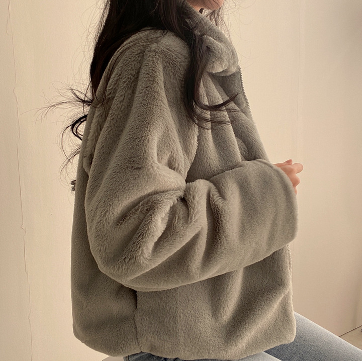 Women's lapel zipper plush feeling loose and versatile short style thickened long-sleeved coat for women_voghion.com