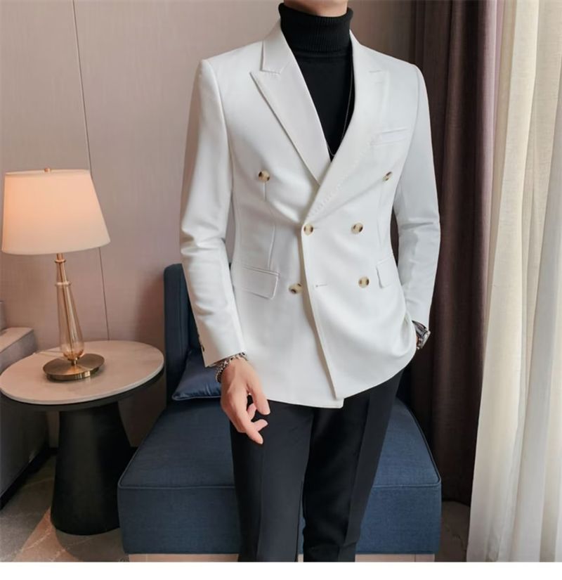 Dubbelrijs Casual Pak Jas Voor Heren Blazers Lente Herfst High-end Brits Zakelijk Trendy Afslankend Glad Silhouet_voghion.com