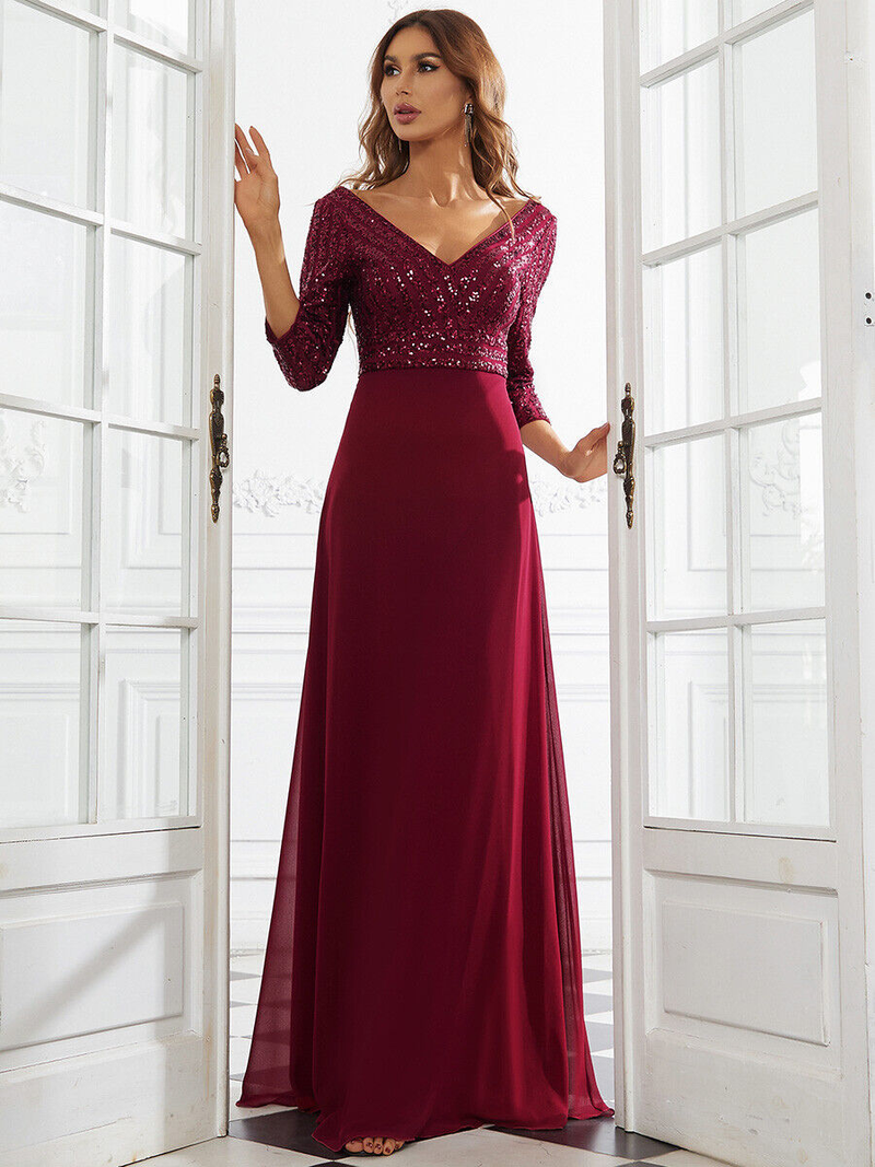 Women's chiffon double V-neck long skirt A-line large hem sequined stitching evening dress_voghion.com