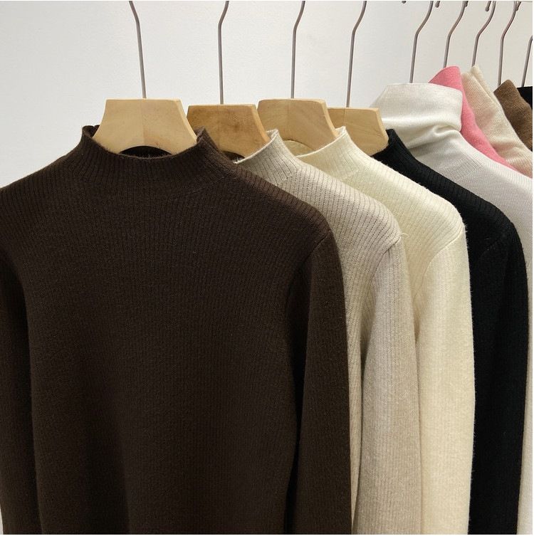 Maglia invernale da donna in maglia con fodera in pile, manica lunga, collo semi-dolce, strato di base termico, vestibilità slim, colore puro_voghion.com