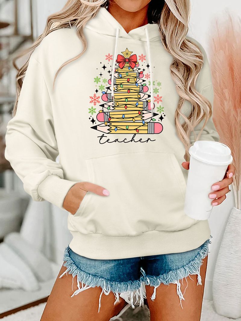 Autumn And Winter Loose Plus Size Fashion Teacher Pencil Light Bulb Women's Hooded Sweatshirt_voghion.com
