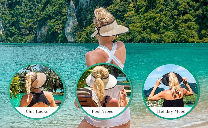 Joywant Womens Sun Visor Hats, Packable Wide Brim Ponytail Beach Hat Straw Visor Summer Beach Vacation Essentials For Womens_voghion.com