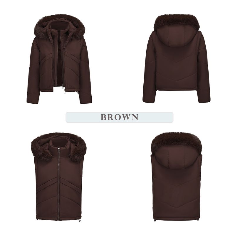 Afneembare capuchonvestjas voor dames, wintermode twee-in-één jas met imitatiebont, streetwear korte bovenkleding_voghion.com