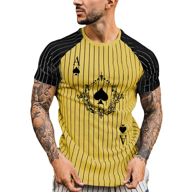 Maglietta leggera da uomo a maniche corte con scollo rotondo casual, a righe e stampa 3D, con asso di picche, estate 2024_voghion.com
