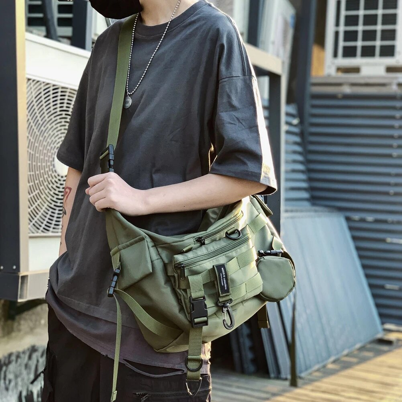 Schulter Gothic Schwarz Umhängetasche Messenger Tragetaschen Für Männer Frauen Shopper Nylon Hip Hop Techwear Satchel Taille Goth_voghion.com