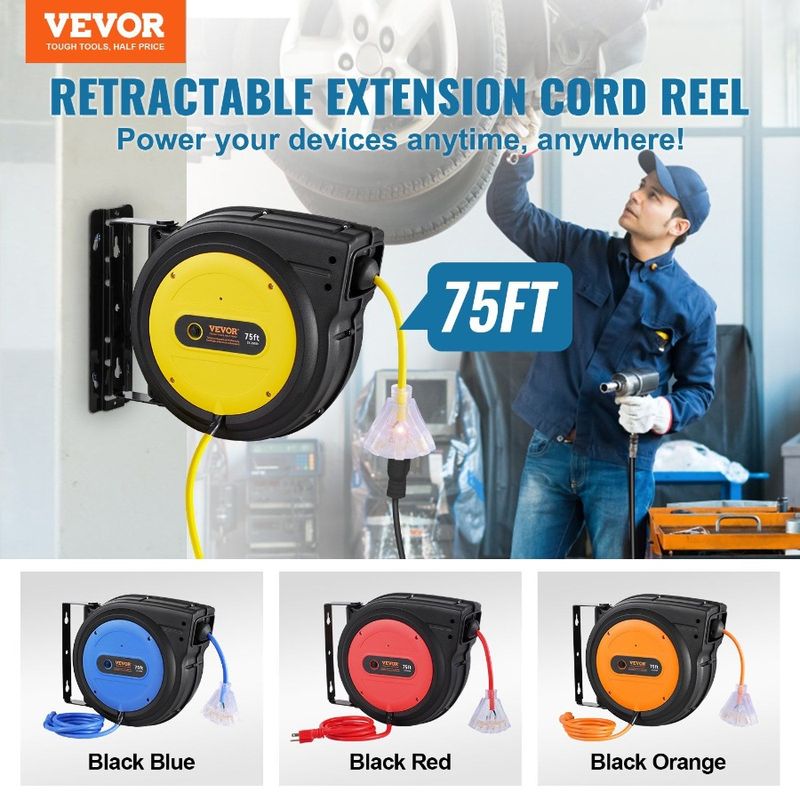 Cord SJTOW 3C 75FT Retractable Reel 14AWG Extension Power Reel Cord_voghion.com