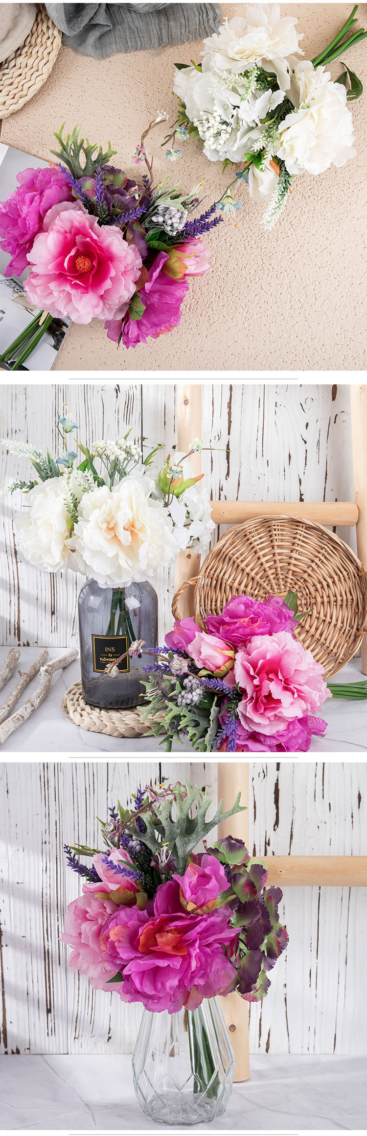 Fleurs pour l'exportation et la vente en gros Bouquets de pivoines et d'hortensias Fleurs artificielles pour le commerce extérieur Décorations de mariage pour la maison GF15501_voghion.com