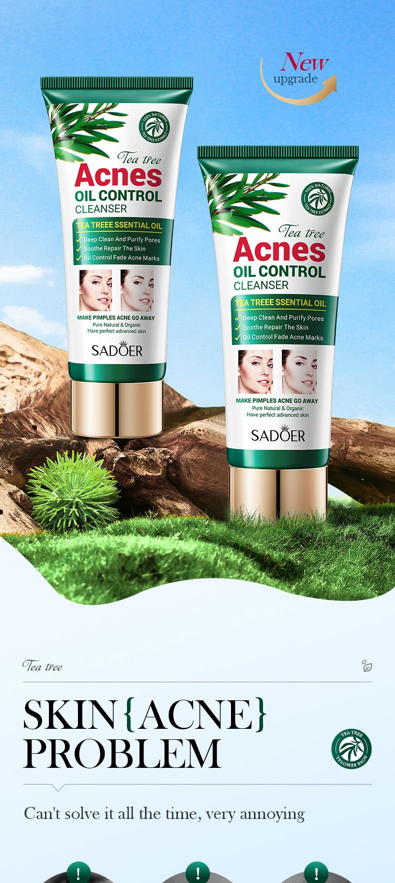 Kit per la cura della pelle SADOER Tea Tree Acne and Oil Control da sei pezzi, detergente detergente delicato per la rimozione dell'acne e detergente viso per studenti_voghion.com