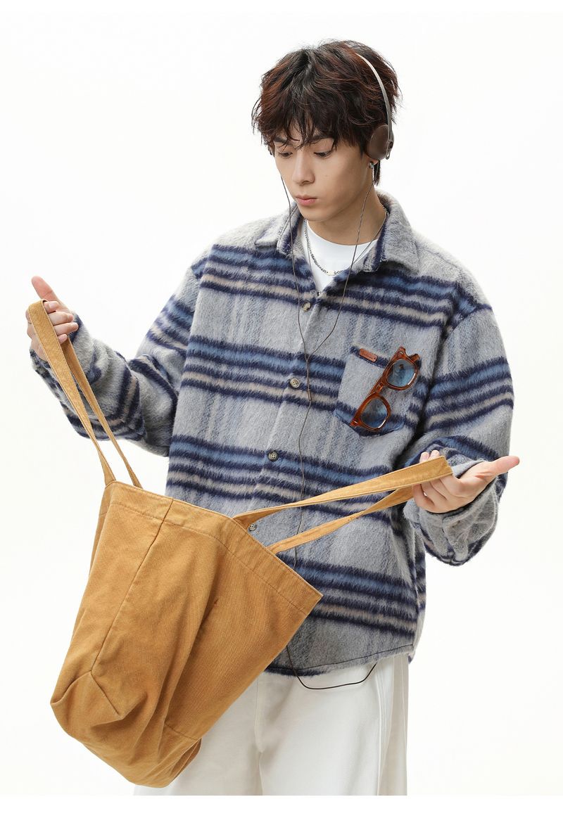 Men's Checkered Wool-Blend Long Sleeve Shirt, Oversized Retro Fall Shacket With Color-Blocking Design, Thickened Casual Streetwear Top_voghion.com