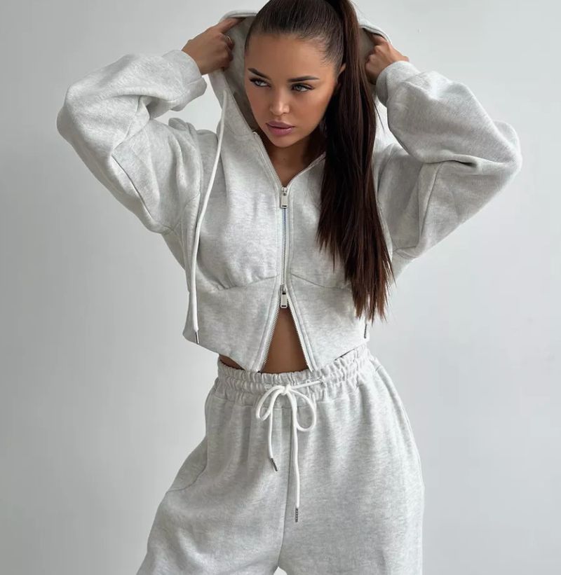Completo da donna con felpa con zip e pantaloni a gamba larga - Completo coordinato in morbido cotone, da salotto a strada, traspirante, a maniche lunghe, due pezzi, casual_voghion.com