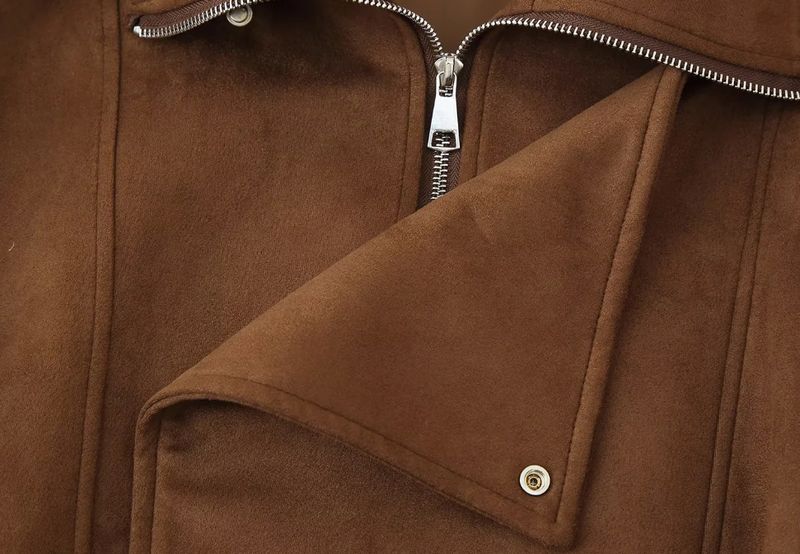 Stylish Short Biker Jacket For Women - Trendy Casual Outerwear With Stand Collar & Zipper Closure, Polyester Fabric, Slim Fit, Dark Brown_voghion.com