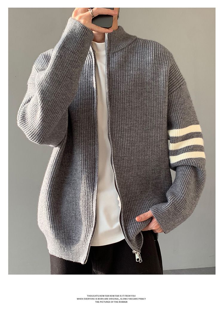 Drei-Streifen-Strickpullover-Cardigan für Herren, Stehkragen, locker lässig für Herbst und Winter_voghion.com