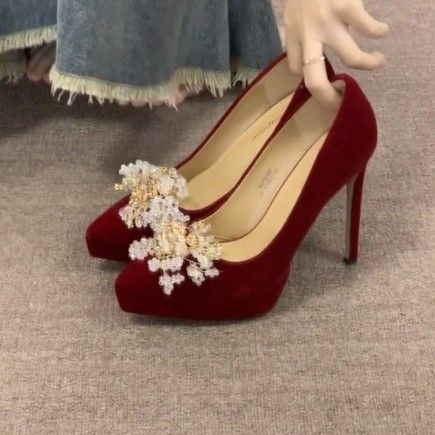 Scarpe da sposa in stile cinese Hanfu per donna, con plateau impermeabile, suola spessa, tacco sottile, tacchi alti rossi in velluto di alta qualità_voghion.com