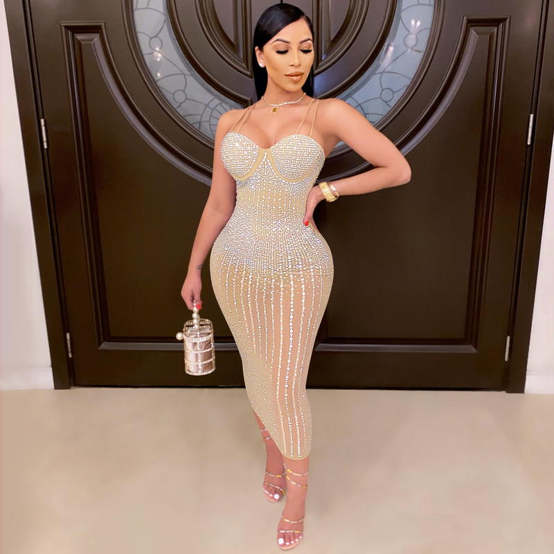 Women's New Product Skirt Sexy Nightclub Mesh Perspective Embedding Diamond Hot Rolled Strap Dress_voghion.com