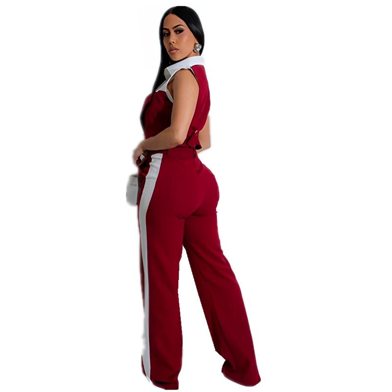 Moda primavera estate colore contrasto due pezzi set donne camicia a maniche corte top dritto pantaloni lunghi elegante 2 pezzi set donne_voghion.com