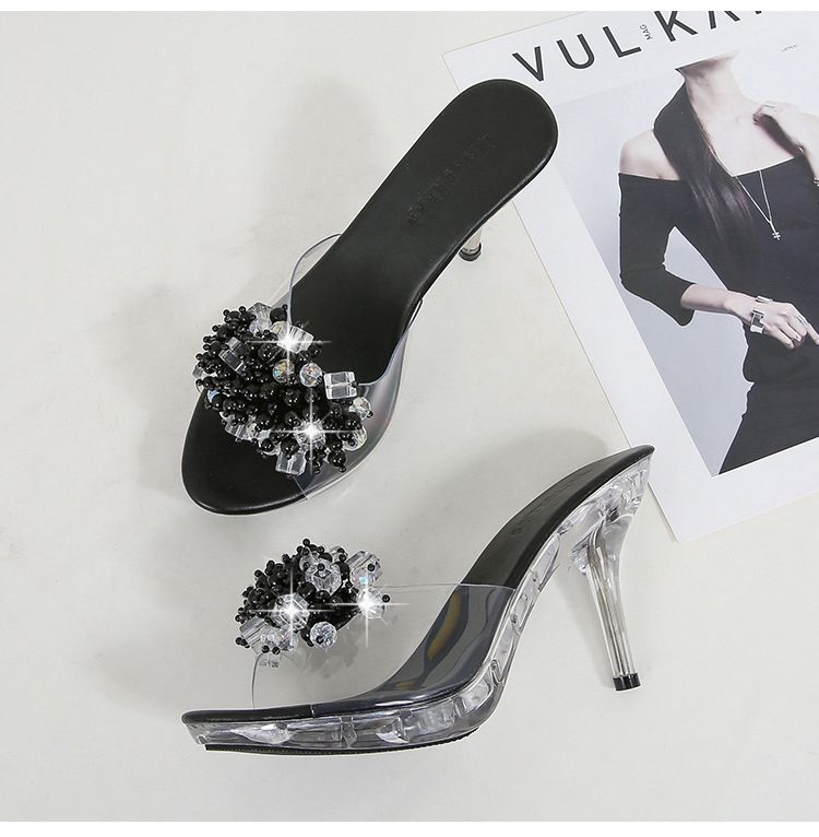 Women's Transparent Rhinestone High Heel Sandals - Summer Casual Platform Slide Slippers_voghion.com