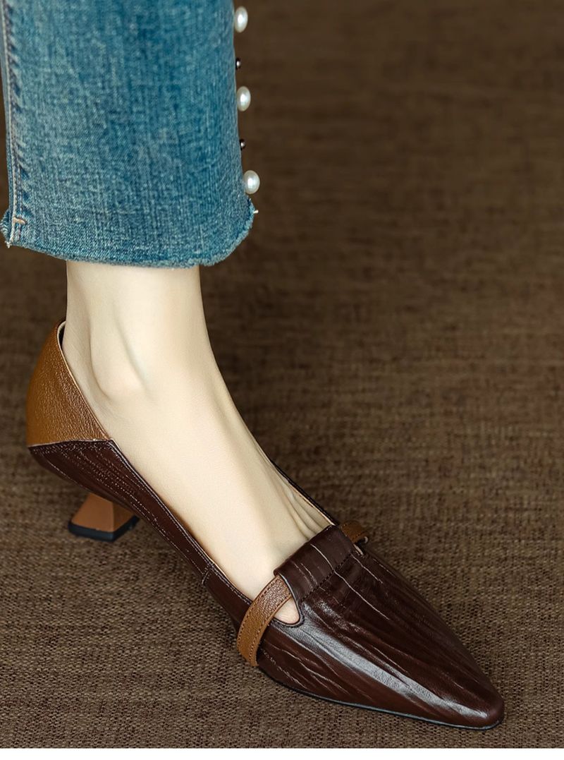 Paris Encounter ~ Eleganti scarpe slip-on a punta con tacco a gatto basso e blocchi di colore per donna_voghion.com