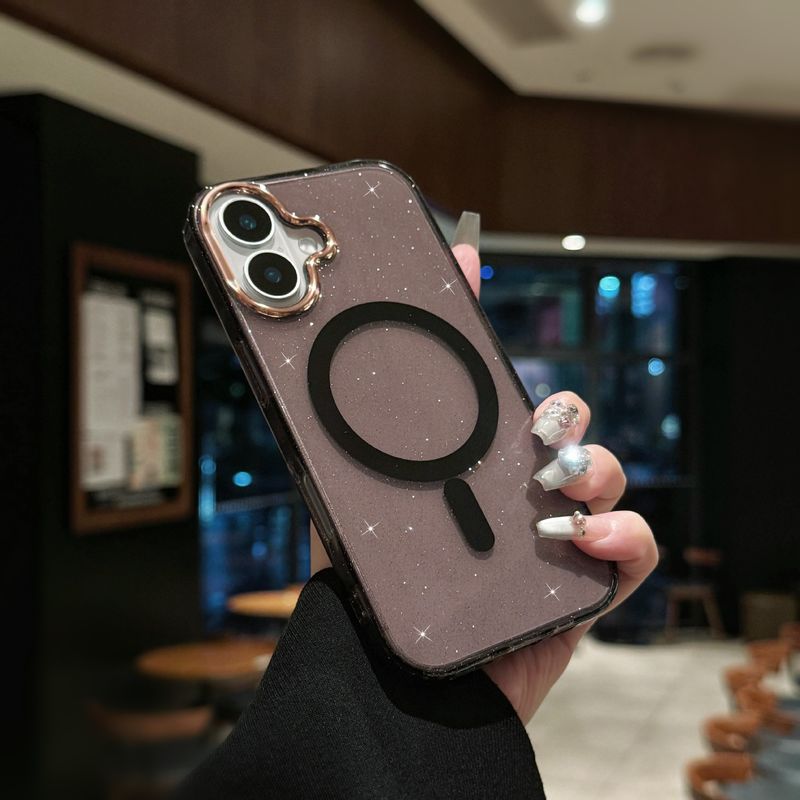 Glitter Magnetic Phone Case For IPhone 15/16 - Premium Electroplated Transparent Cover With Large Camera Cutouts (Gold Sparkle)_voghion.com