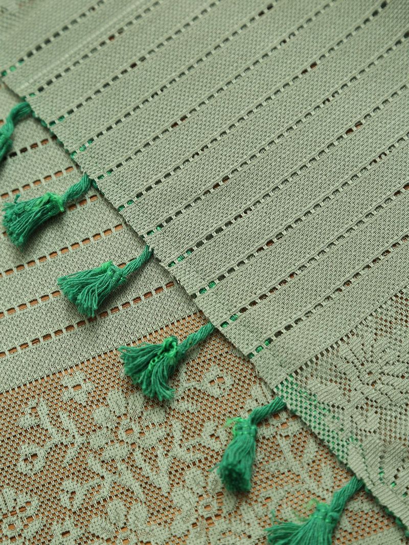 Camino de mesa floral verde - Estilo rústico de granja con borlas para mesas de comedor y de centro (150 x 40 cm, algodón lavable, para uso interior y exterior)_voghion.com