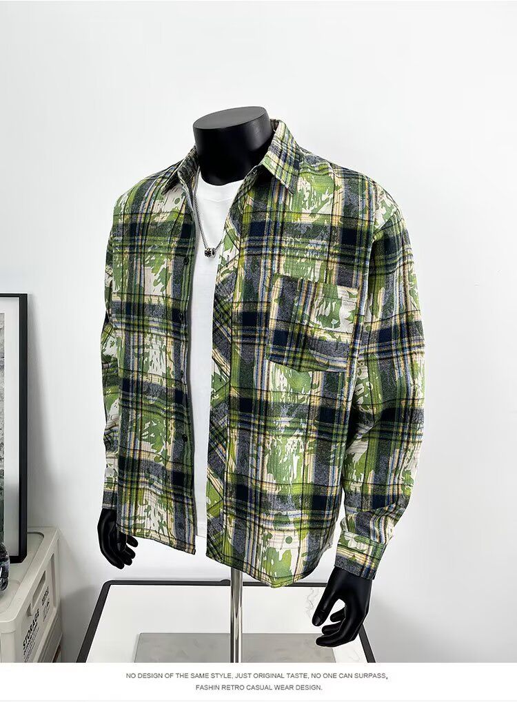 Herren-Langarmhemd mit Batikmuster und Karomuster – Stilvolles, locker sitzendes Freizeit-Overshirt mit Kentkragen für Frühling und Herbst_voghion.com