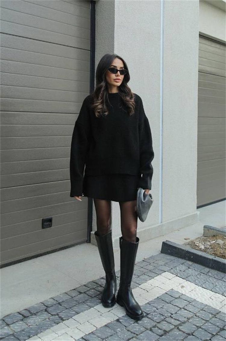 Set van oversized gebreide trui en minirok voor dames (ademend polyester, grijs/beige/rood/zwart/karamel, S/M/L/XL, streetwear)_voghion.com