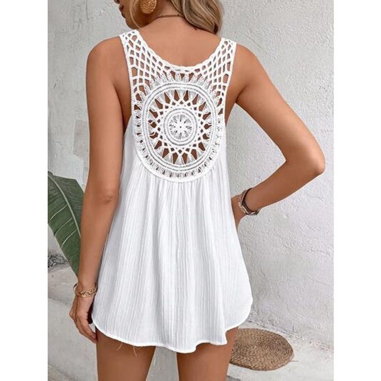 Camiseta sin mangas holgada con escote en V y encaje en la espalda para mujer, novedad de verano 2025_voghion.com
