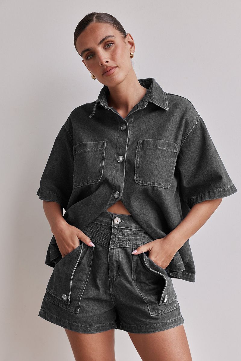 Roupas femininas verão feminino casual retro solto camisa jeans shorts conjunto_voghion.com