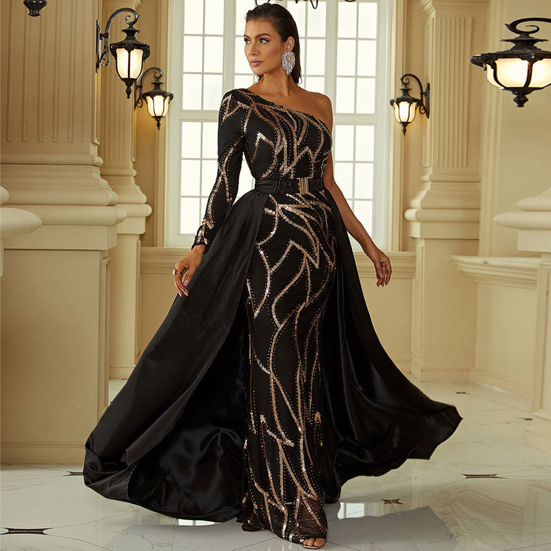 Damenbekleidung Temperament Bankett One-Shoulder-Langarm-Umhang Kleines nachlaufendes Brautjungfernkleid Abendkleid weiblich_voghion.com